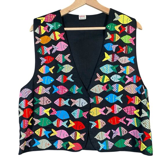 Maharaji Jackets & Blazers - Vintage Artisan Fish Applique Vest M Folk Art to Wear Novelty Patchwork Colorful